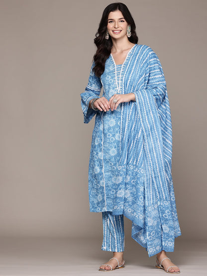 Straight Style Cotton Fabric Blue Color Kurta And Bottom With Dupatta