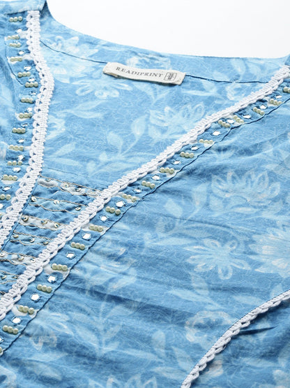 Straight Style Cotton Fabric Blue Color Kurta And Bottom With Dupatta