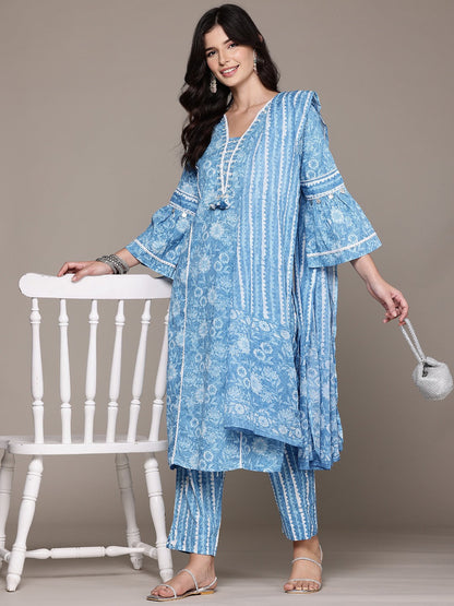 Straight Style Cotton Fabric Blue Color Kurta And Bottom With Dupatta