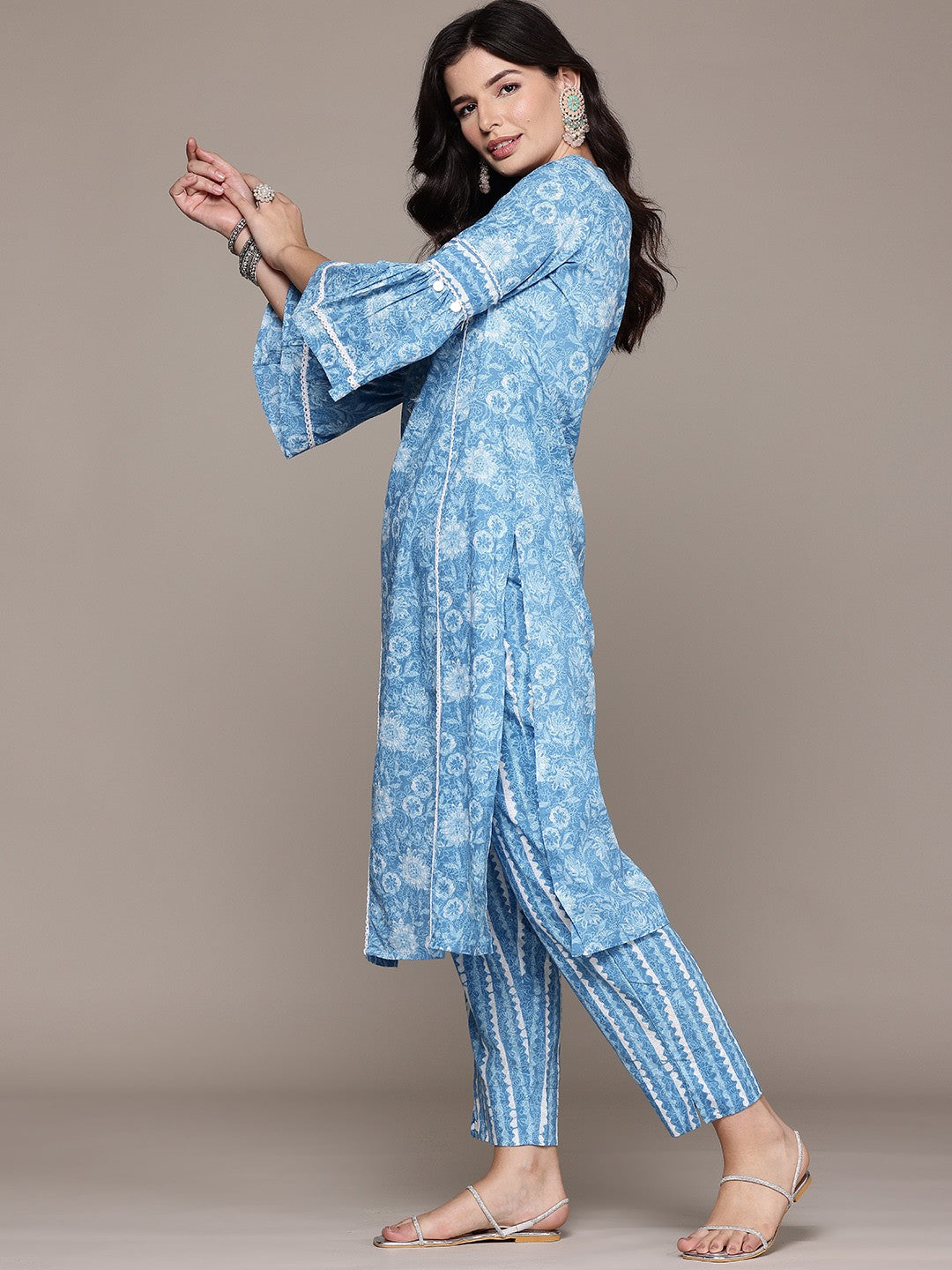 Straight Style Cotton Fabric Blue Color Kurta And Bottom With Dupatta
