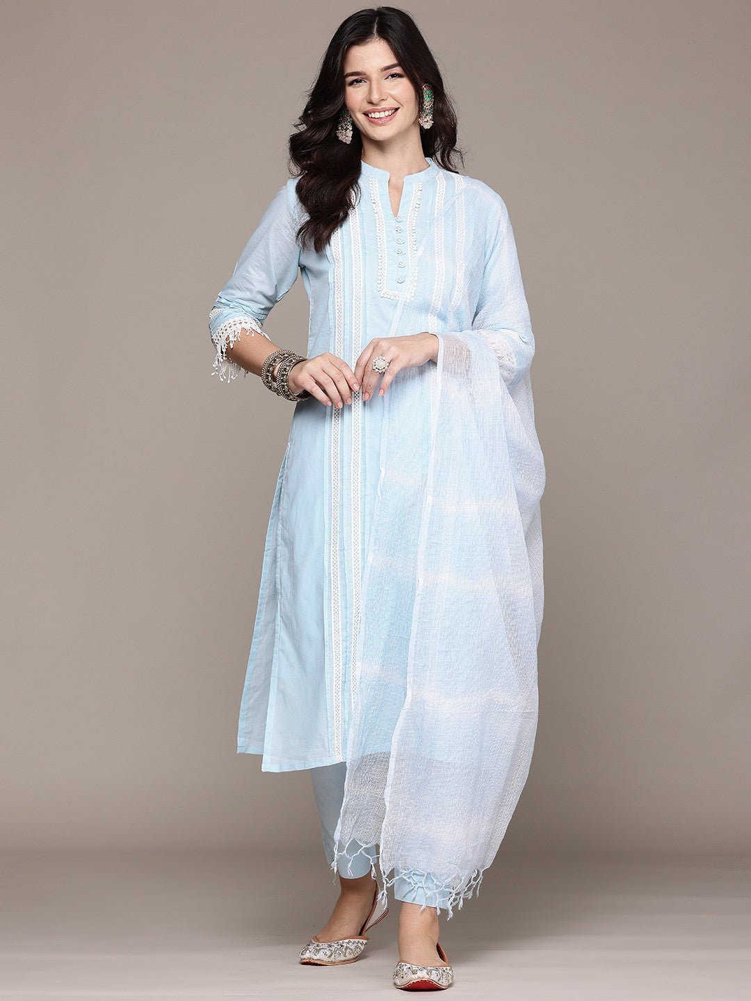 Straight Style Cotton Fabric Blue Color Kurta With Bottom And Dupatta