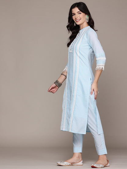 Straight Style Cotton Fabric Blue Color Kurta With Bottom And Dupatta