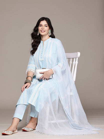 Straight Style Cotton Fabric Blue Color Kurta With Bottom And Dupatta
