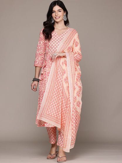 A Line Style Cotton Fabric Pink Color Kurta And Bottom With Dupatta