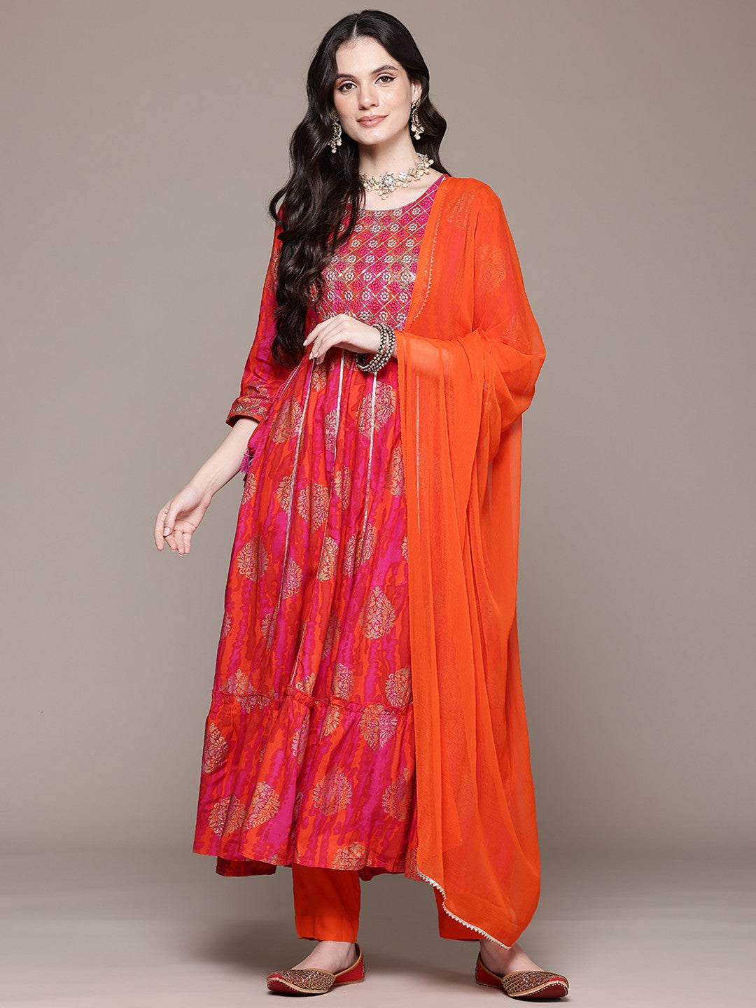 Anarkali Style Rayon Fabric Orange Color Kurta And Bottom With Dupatta