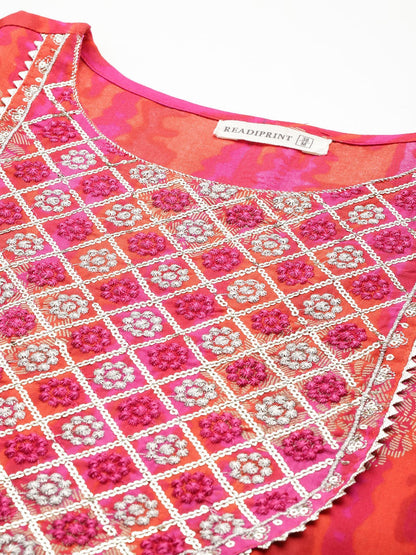 Anarkali Style Rayon Fabric Orange Color Kurta And Bottom With Dupatta