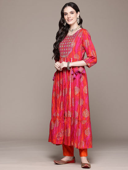 Anarkali Style Rayon Fabric Orange Color Kurta And Bottom With Dupatta