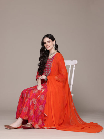 Anarkali Style Rayon Fabric Orange Color Kurta And Bottom With Dupatta
