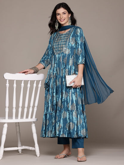 Anarkali Style Rayon Fabric Blue Color Kurta And Bottom With Dupatta