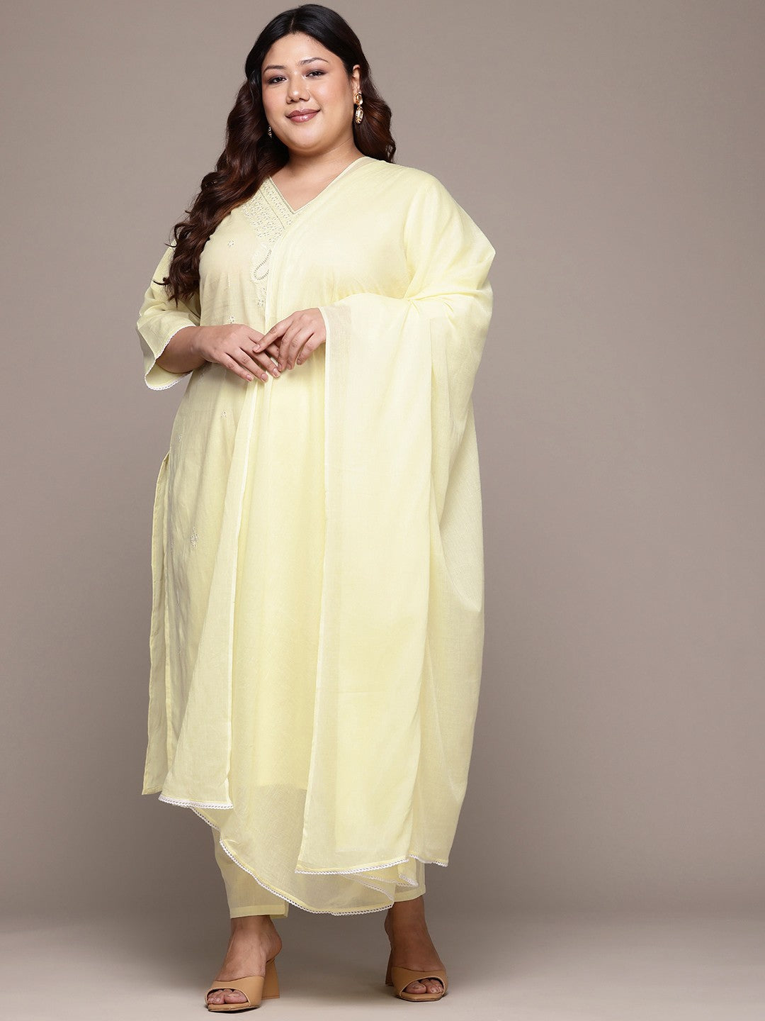 Straight Style Cotton Fabric Yellow Color Kurta With Bottom And Dupatta