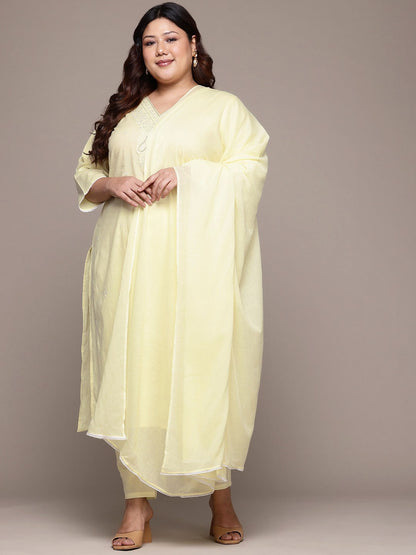 Straight Style Cotton Fabric Yellow Color Kurta With Bottom And Dupatta