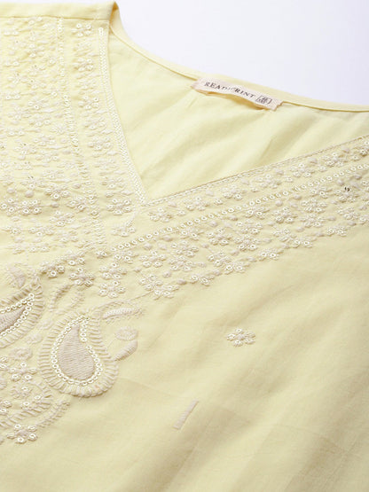 Straight Style Cotton Fabric Yellow Color Kurta With Bottom And Dupatta