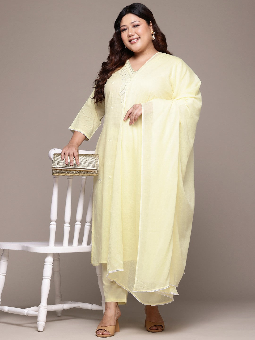 Straight Style Cotton Fabric Yellow Color Kurta With Bottom And Dupatta