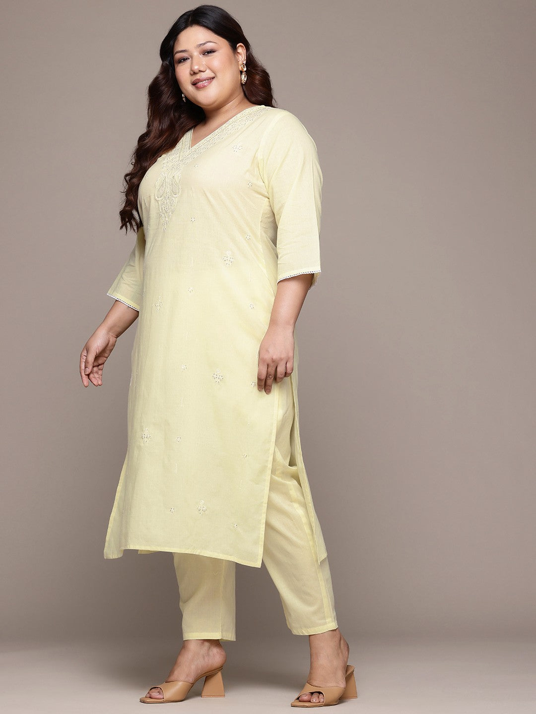 Straight Style Cotton Fabric Yellow Color Kurta With Bottom And Dupatta