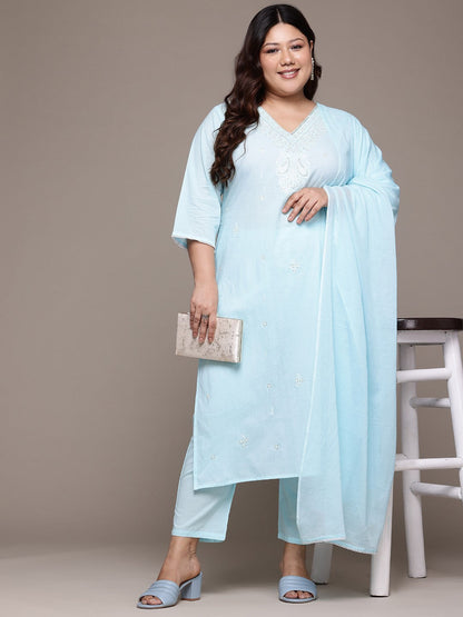 Straight Style Cotton Fabric Blue Color Kurta With Bottom And Dupatta
