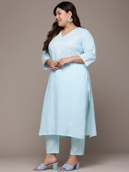 Straight Style Cotton Fabric Blue Color Kurta With Bottom And Dupatta