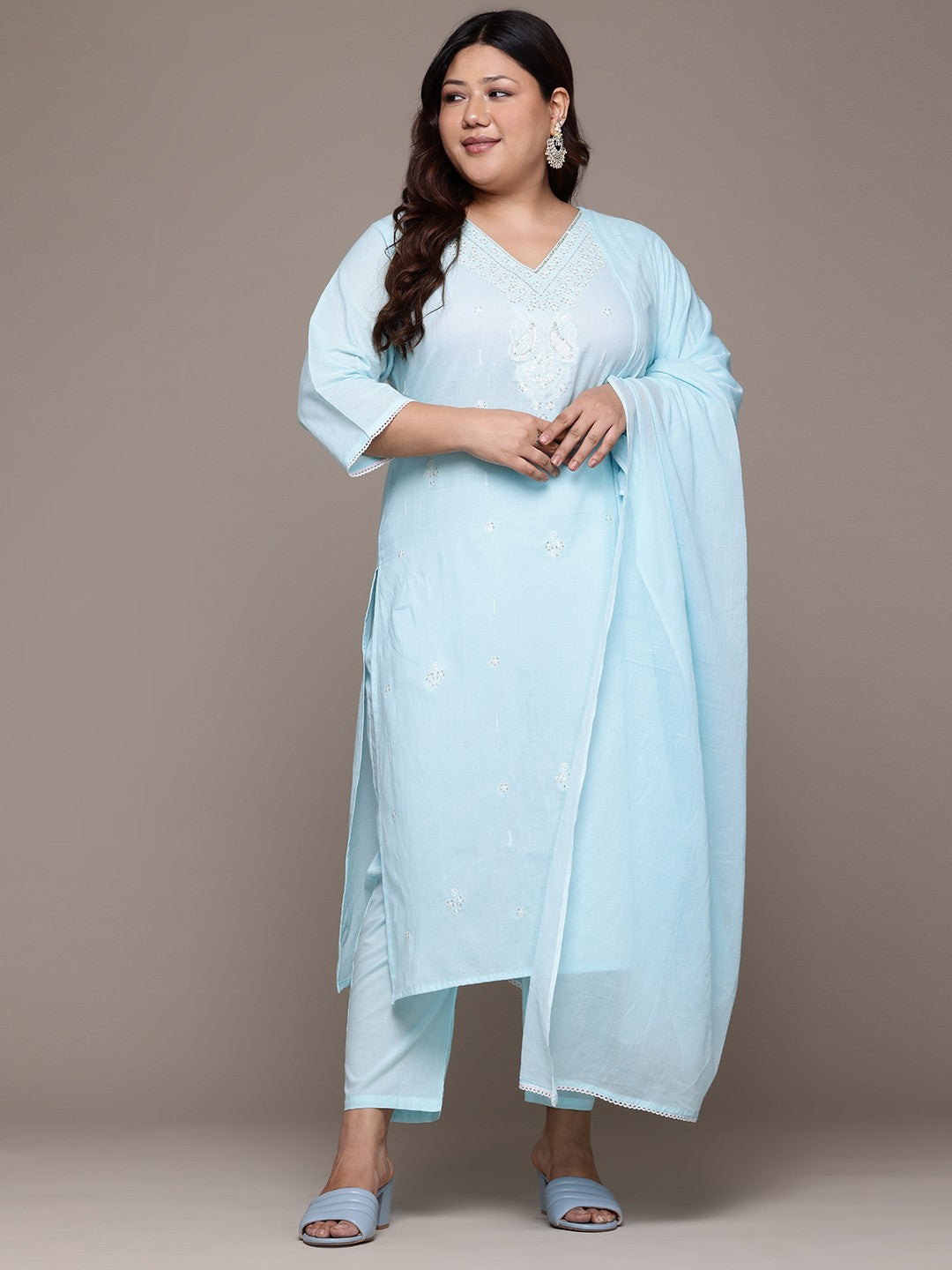 Straight Style Cotton Fabric Blue Color Kurta With Bottom And Dupatta