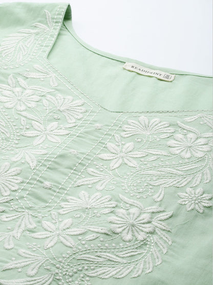Straight Style Cotton Fabric Green Color Kurta With Bottom And Dupatta