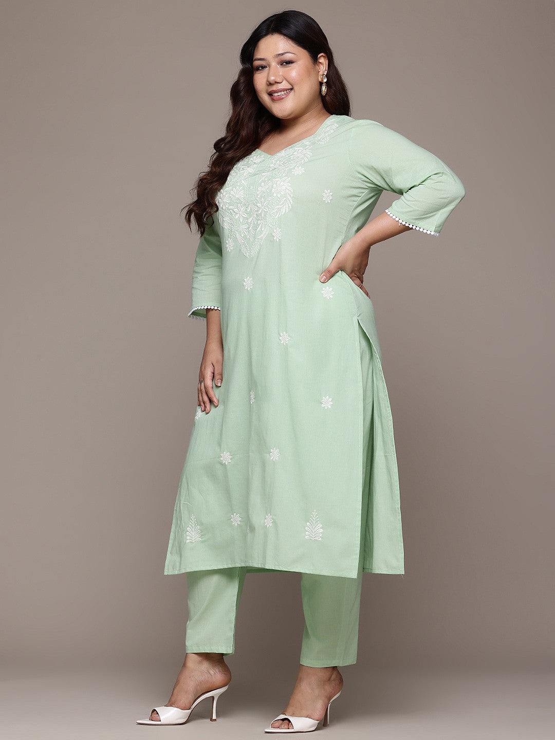 Straight Style Cotton Fabric Green Color Kurta With Bottom And Dupatta