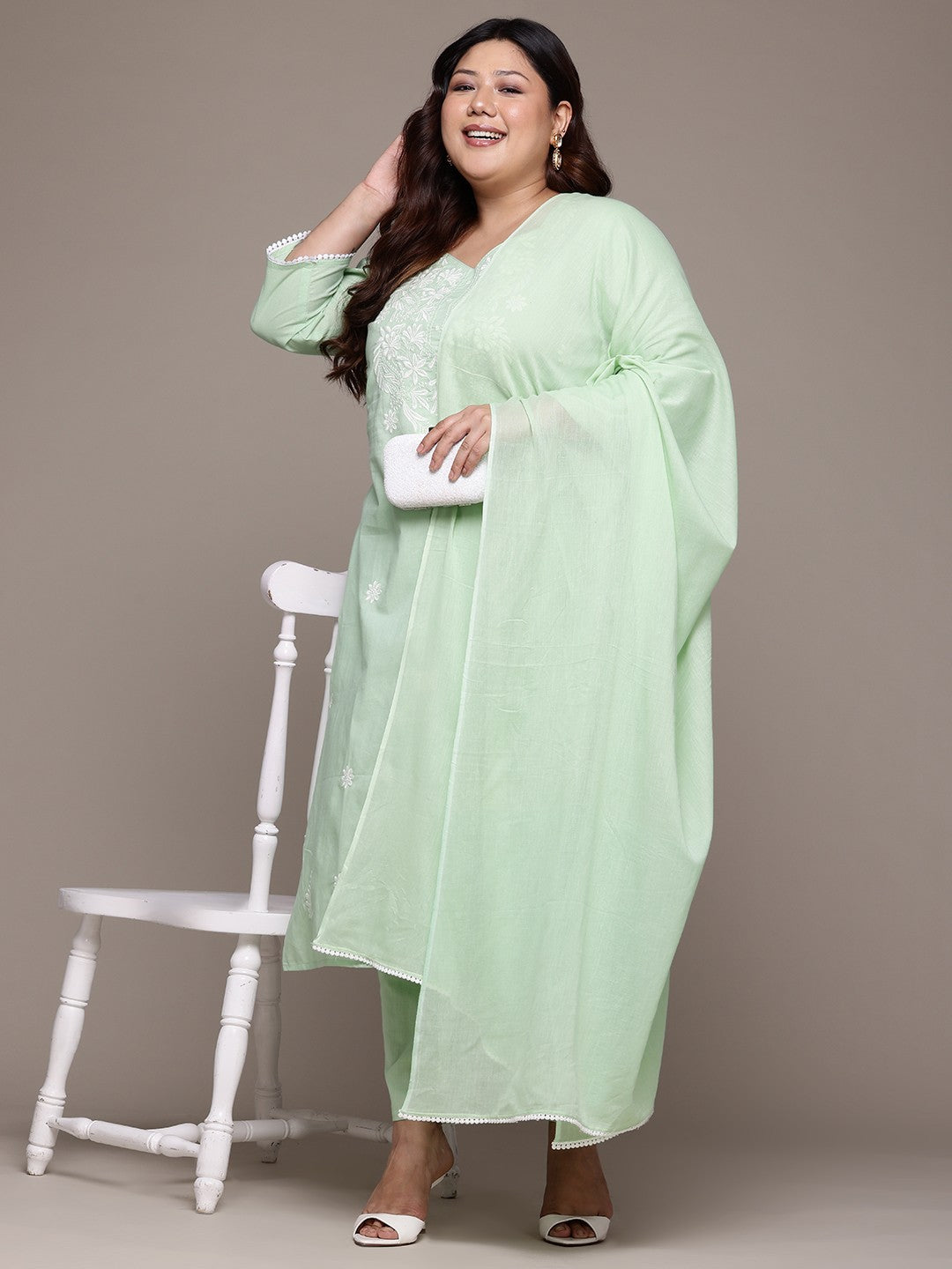 Straight Style Cotton Fabric Green Color Kurta With Bottom And Dupatta