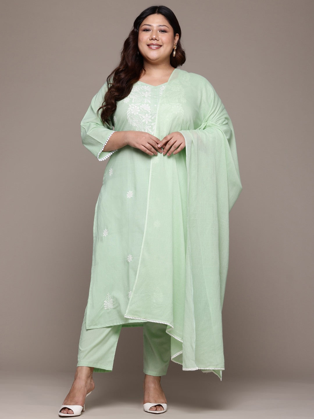 Straight Style Cotton Fabric Green Color Kurta With Bottom And Dupatta