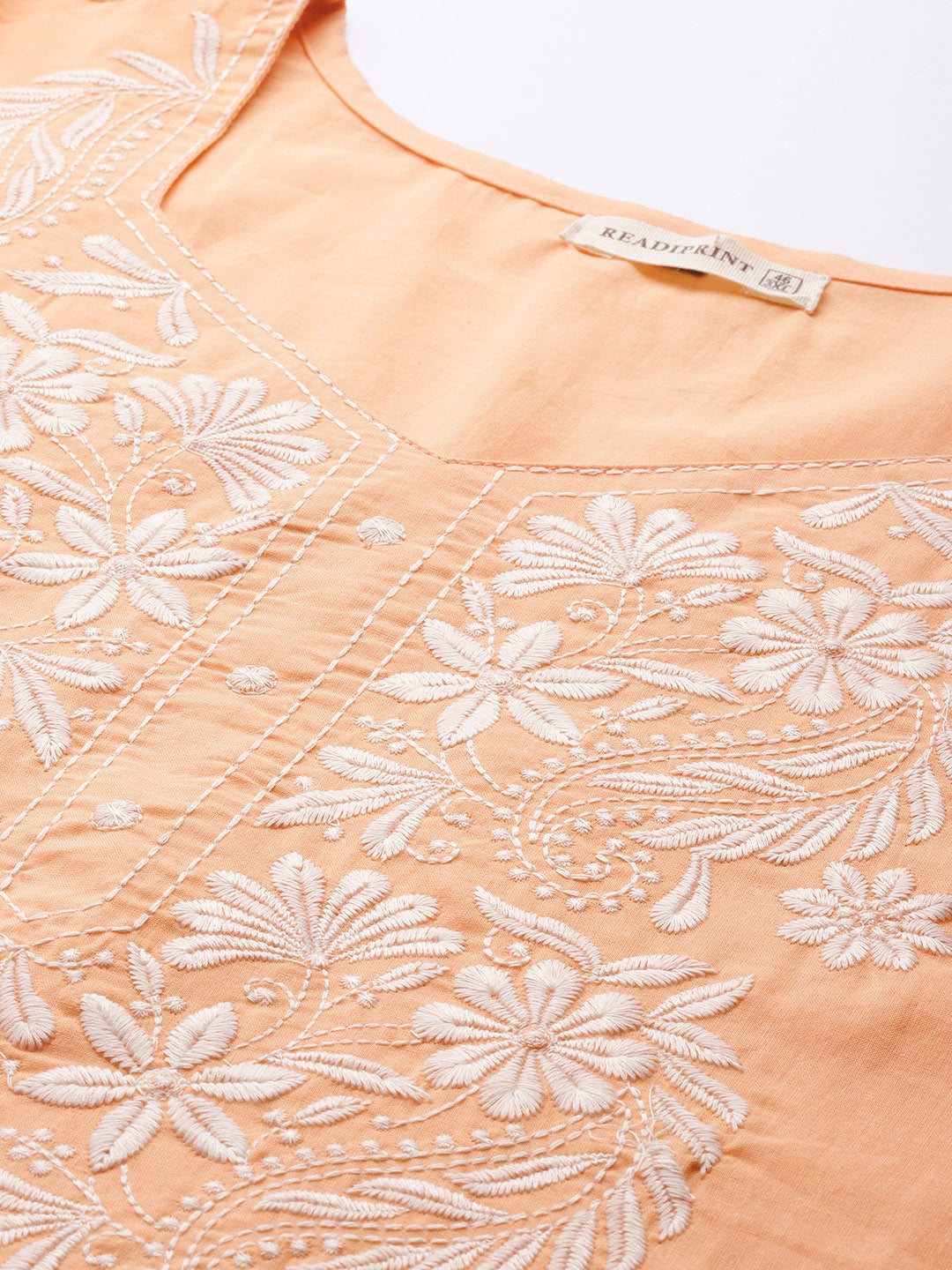 Straight Style Cotton Fabric Peach Color Kurta With Bottom And Dupatta