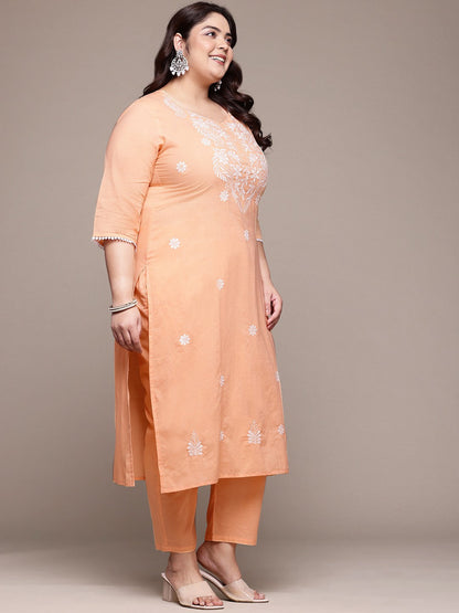 Straight Style Cotton Fabric Peach Color Kurta With Bottom And Dupatta