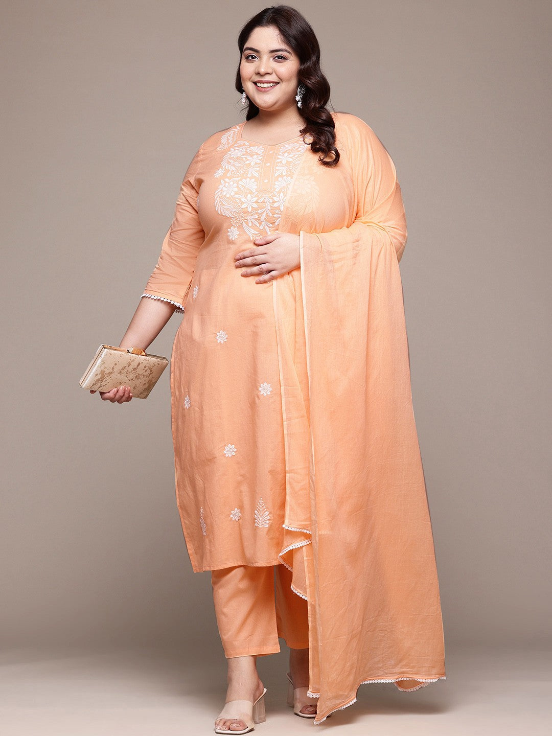 Straight Style Cotton Fabric Peach Color Kurta With Bottom And Dupatta