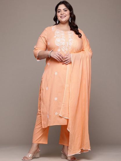 Straight Style Cotton Fabric Peach Color Kurta With Bottom And Dupatta