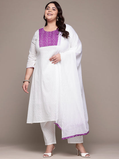 A Line Style Cotton Fabric White Color Kurta With Bottom And Dupatta