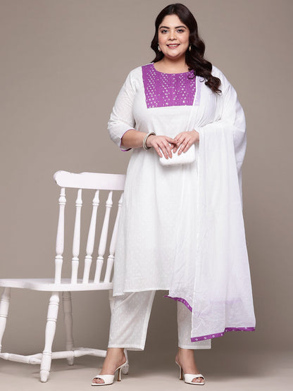 A Line Style Cotton Fabric White Color Kurta With Bottom And Dupatta