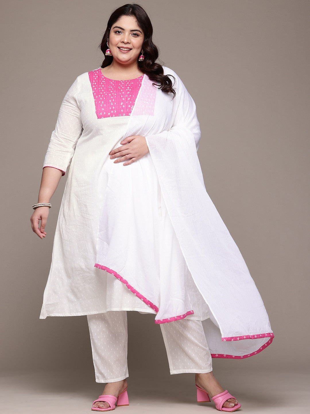 A Line Style Cotton Fabric White Color Kurta With Bottom And Dupatta
