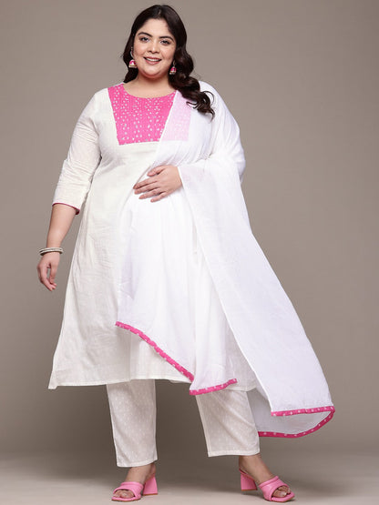 A Line Style Cotton Fabric White Color Kurta With Bottom And Dupatta