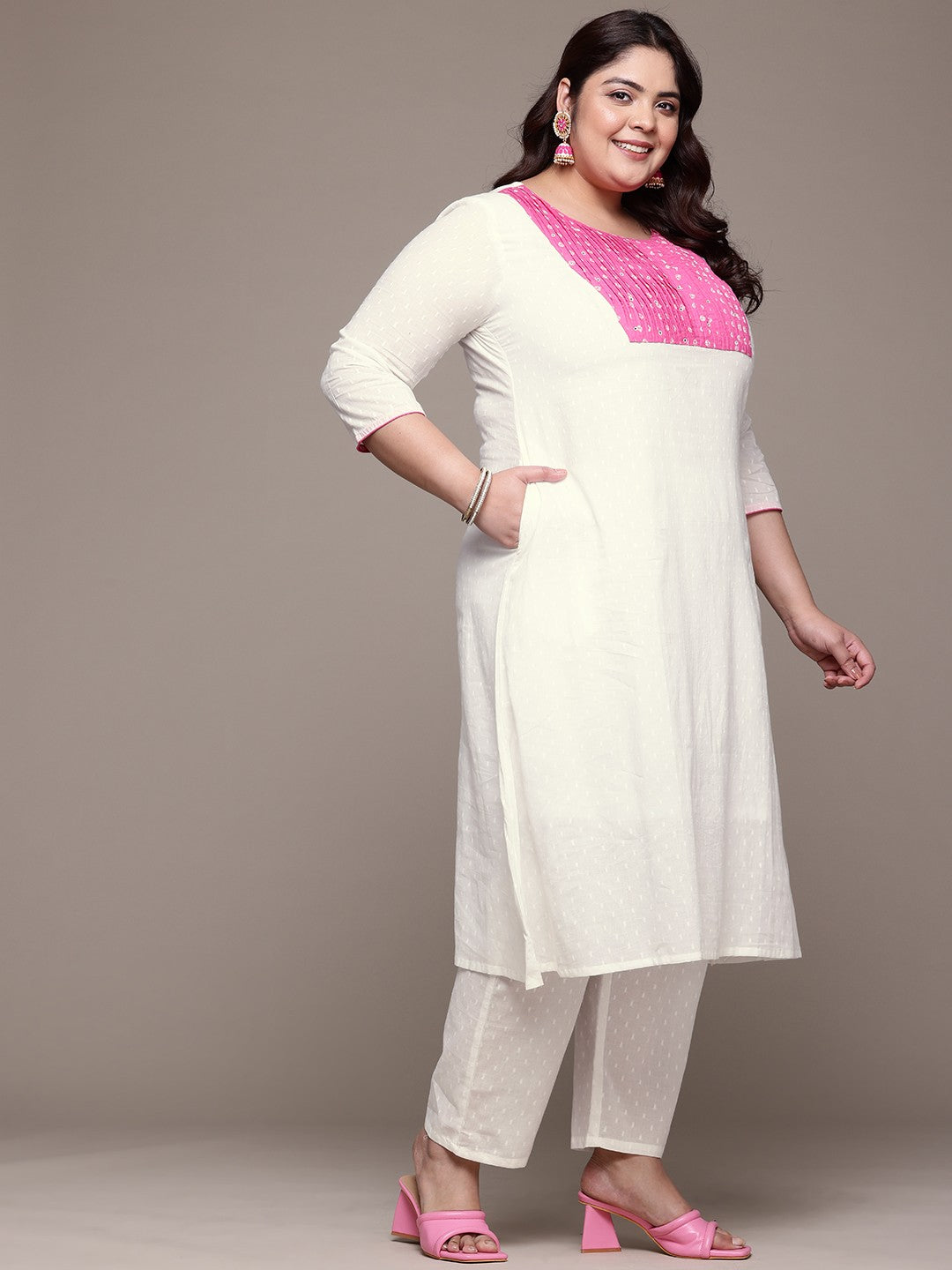 A Line Style Cotton Fabric White Color Kurta With Bottom And Dupatta