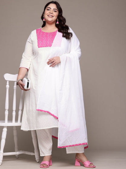 A Line Style Cotton Fabric White Color Kurta With Bottom And Dupatta