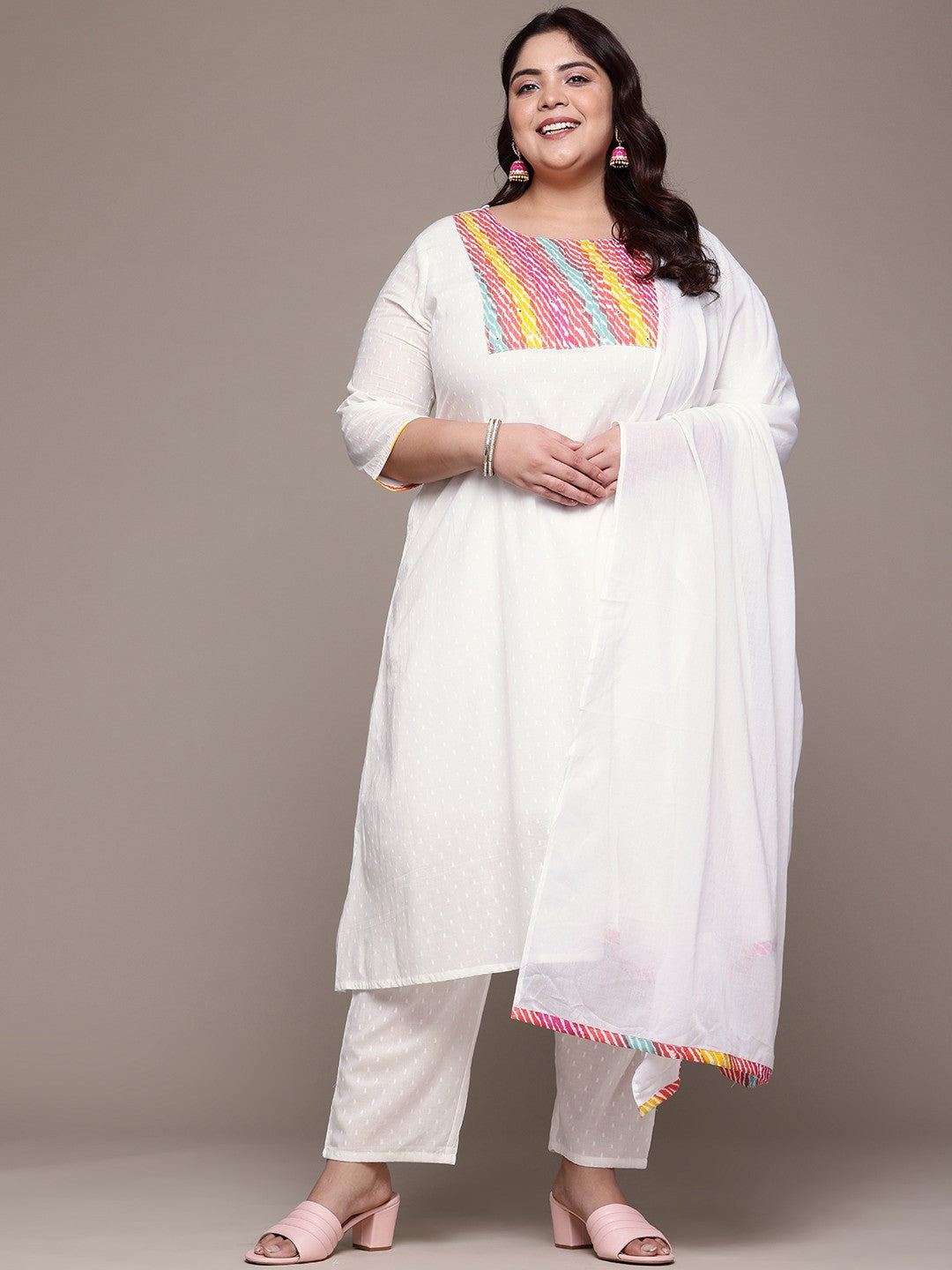 A Line Style Cotton Fabric White Color Kurta With Bottom And Dupatta