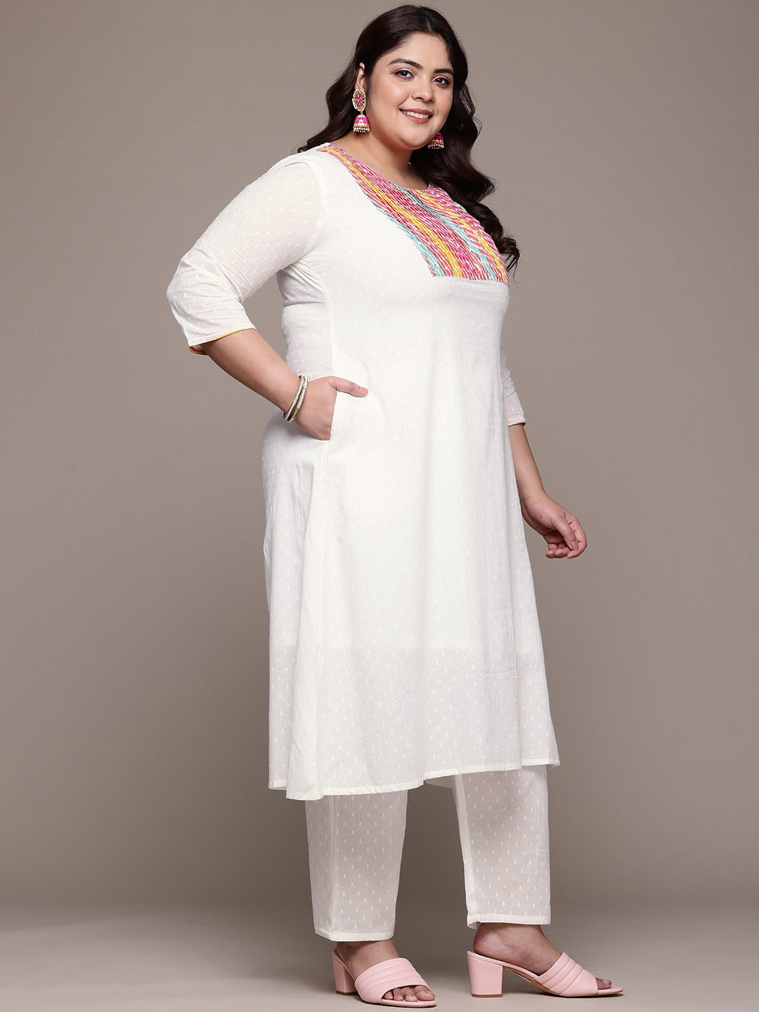 A Line Style Cotton Fabric White Color Kurta With Bottom And Dupatta