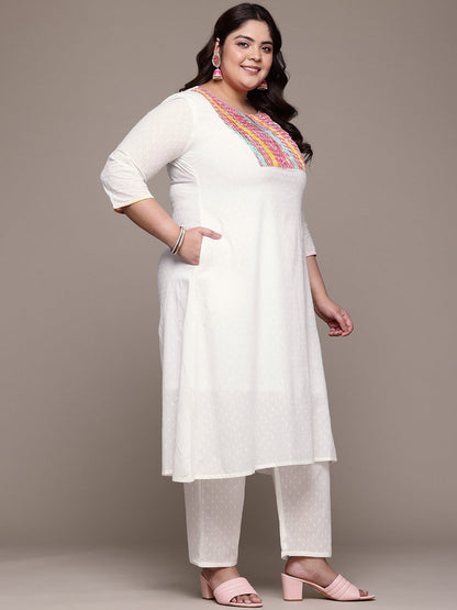 A Line Style Cotton Fabric White Color Kurta With Bottom And Dupatta