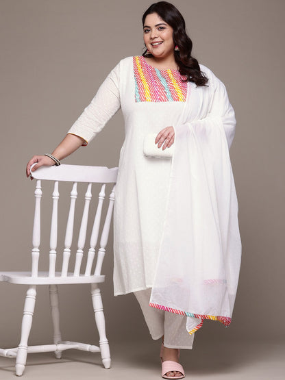 A Line Style Cotton Fabric White Color Kurta With Bottom And Dupatta