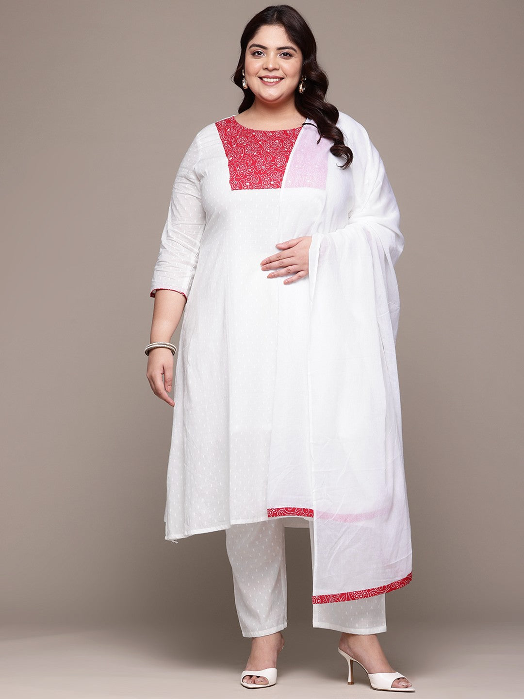 A Line Style Cotton Fabric White Color Kurta With Bottom And Dupatta