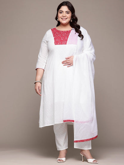 A Line Style Cotton Fabric White Color Kurta With Bottom And Dupatta