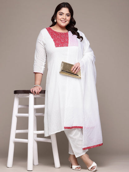 A Line Style Cotton Fabric White Color Kurta With Bottom And Dupatta