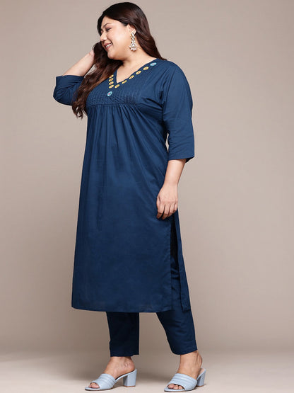 Straight Style Cotton Fabric Navy Blue Color Kurta With Bottom