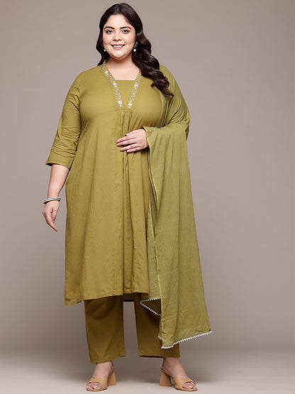 A Line Style Cotton Fabric Olive Color Kurta With Bottom And Dupatta