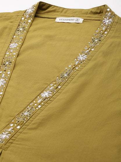 A Line Style Cotton Fabric Olive Color Kurta With Bottom And Dupatta