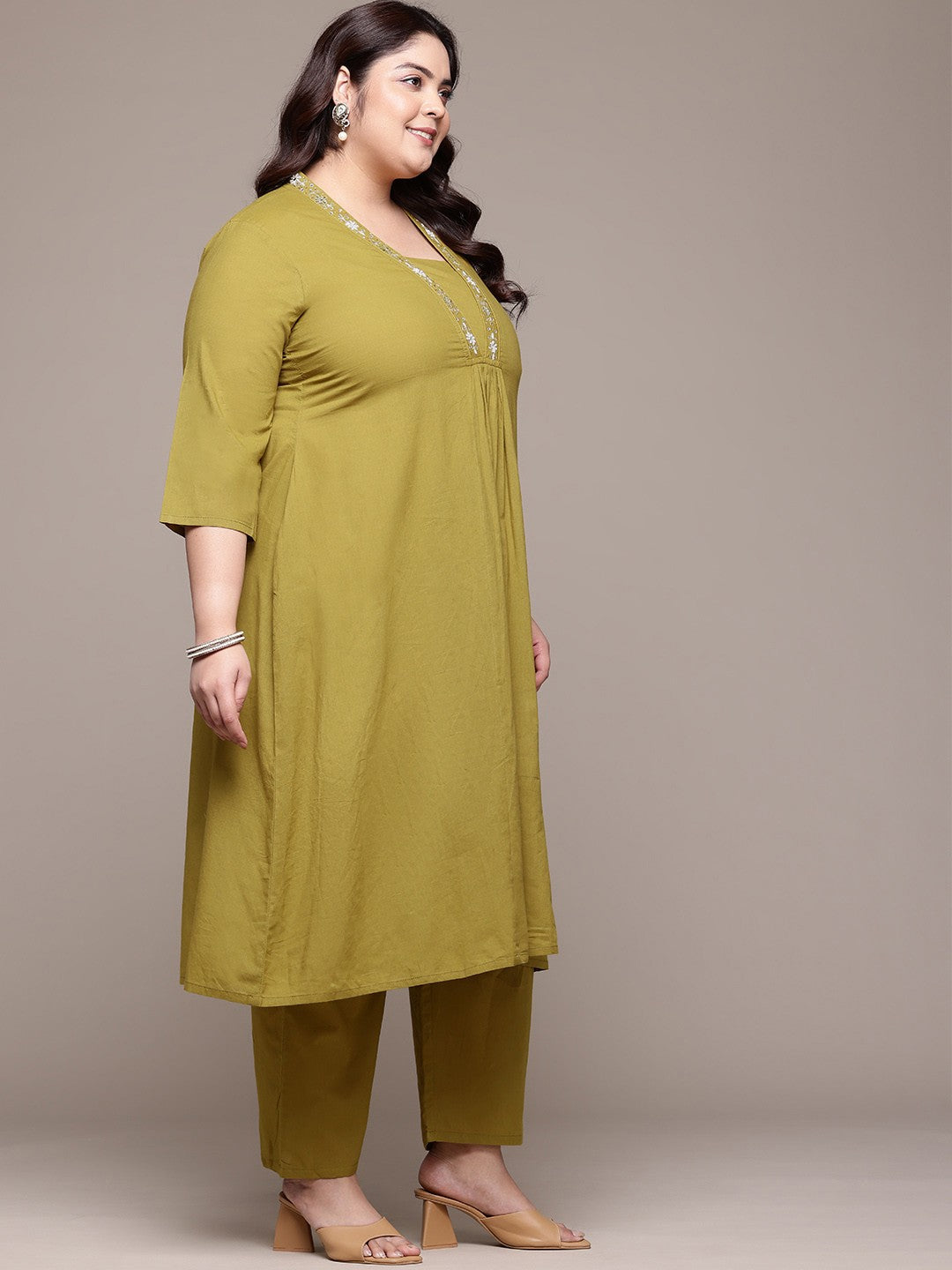 A Line Style Cotton Fabric Olive Color Kurta With Bottom And Dupatta