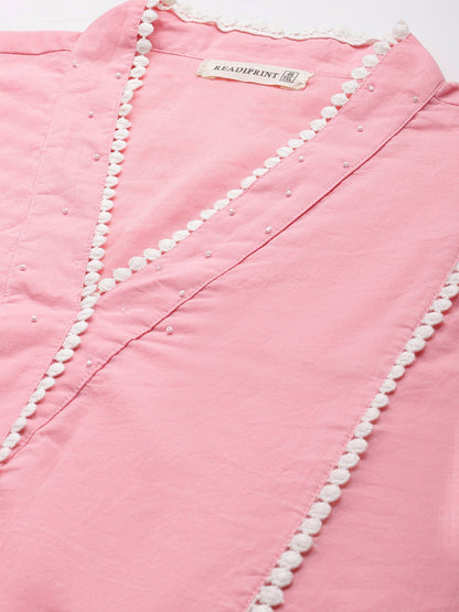 Straight Style Cotton Fabric Pink Color Kurta With Bottom And Dupatta