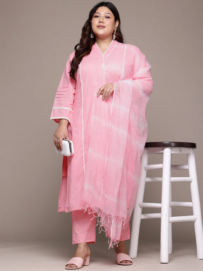 Straight Style Cotton Fabric Pink Color Kurta With Bottom And Dupatta
