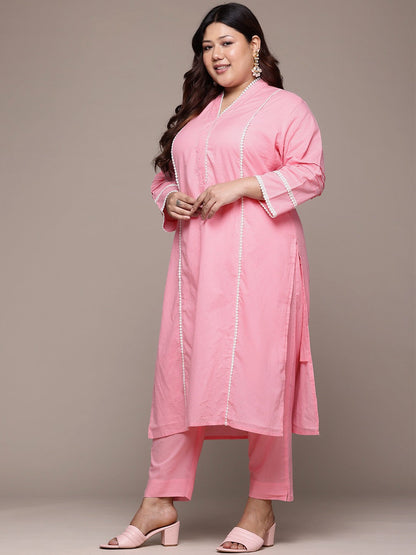Straight Style Cotton Fabric Pink Color Kurta With Bottom And Dupatta
