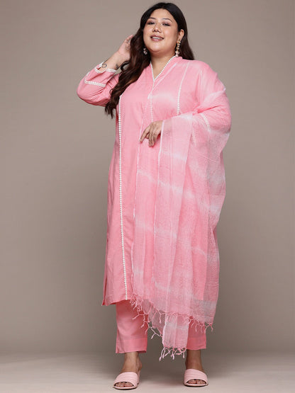 Straight Style Cotton Fabric Pink Color Kurta With Bottom And Dupatta